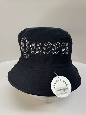 Black Bucket Hat Rhinestone "Queen" Reversible